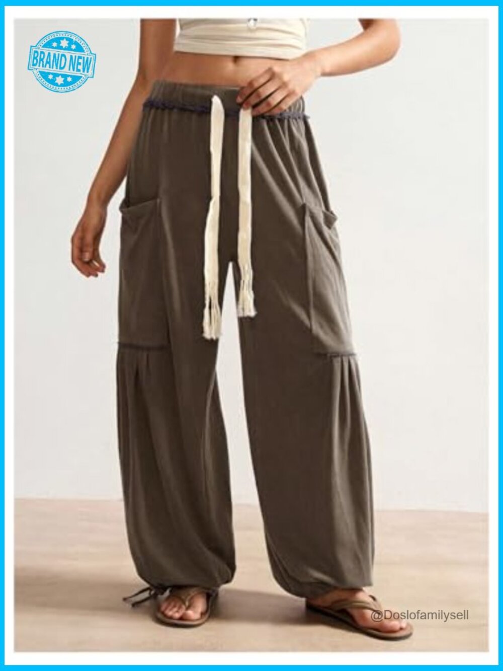 Boho Harem Pants Wide Leg Drawstring Waist Sweatpants Joggers with Pockets Y2K - Picture 3 of 6
